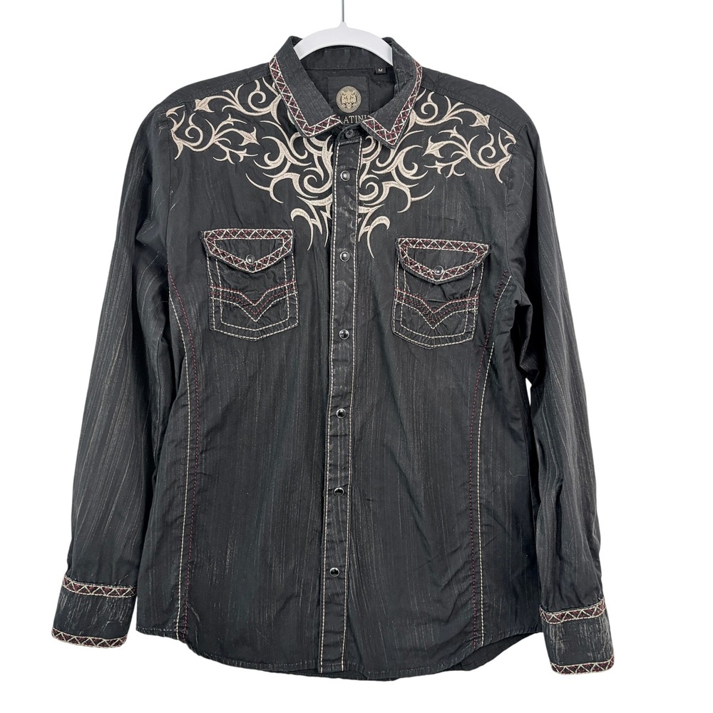 Platini Rustic Western Snap Button Down Shirt Medium Black